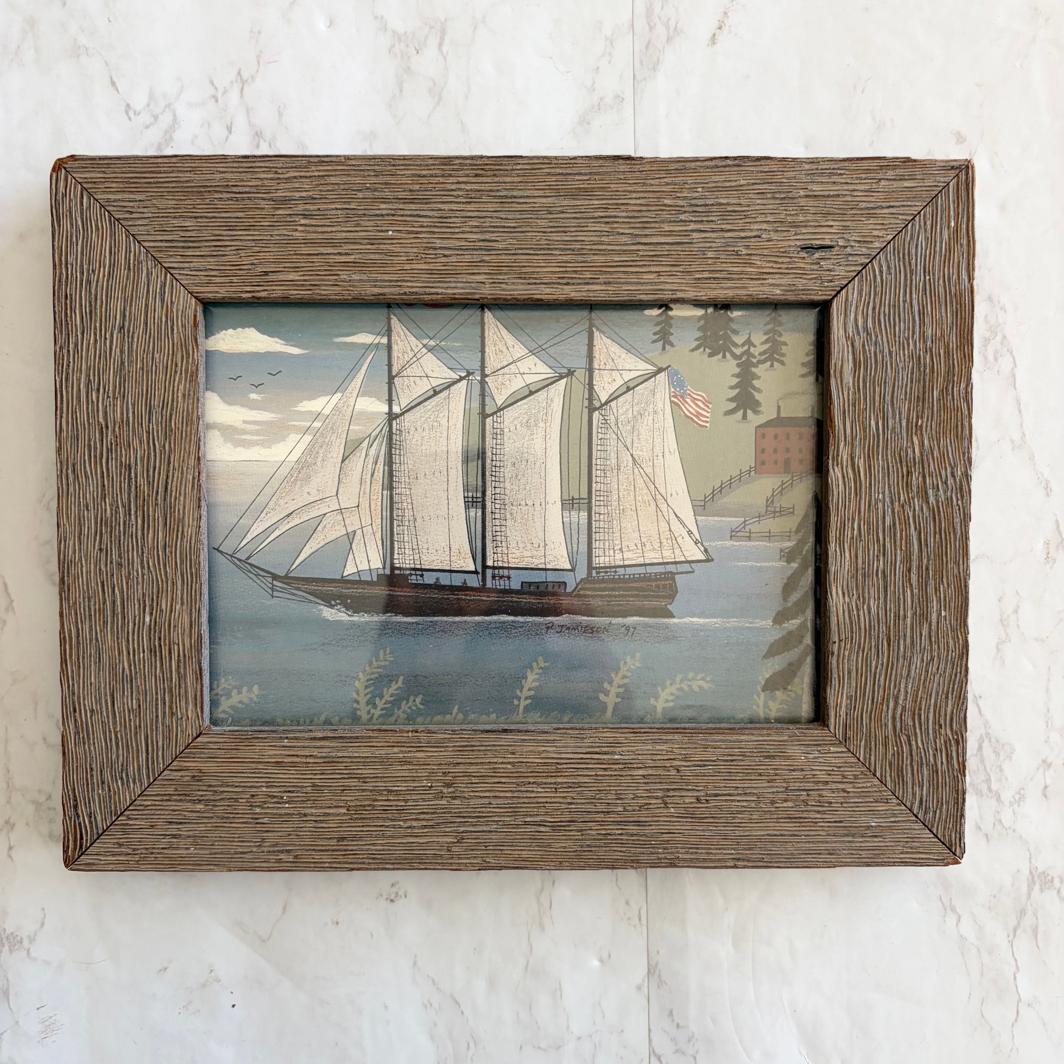 Framed Nautical Sailboat Print, Signed “P. James” – Coastal Americana Decor