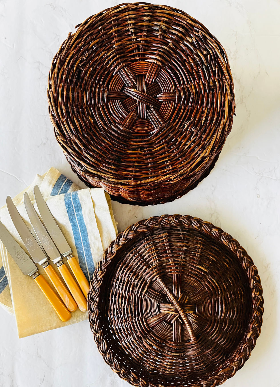 Thumbnail: Vintage Dark Wicker Lidded Storage Basket Large Round Woven Basket Cottage Decor