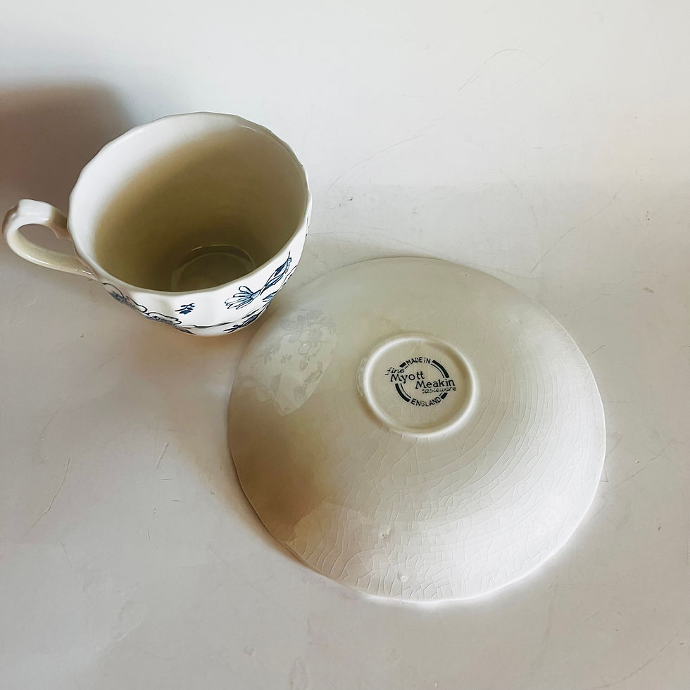 Thumbnail: Vintage Myott Meakin Staffordshire Wild Rose Blue Teacups & Saucers – Set of 2 E