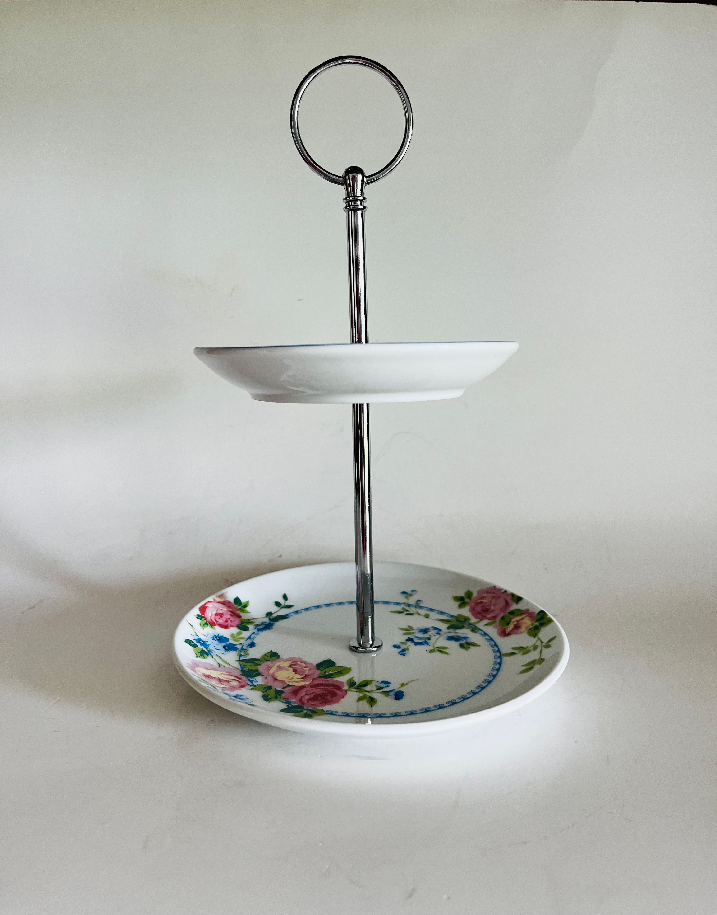 Vintage Ganz 2-Tier Serving Stand Floral Rose Pattern | Ceramic Dessert Tray w/