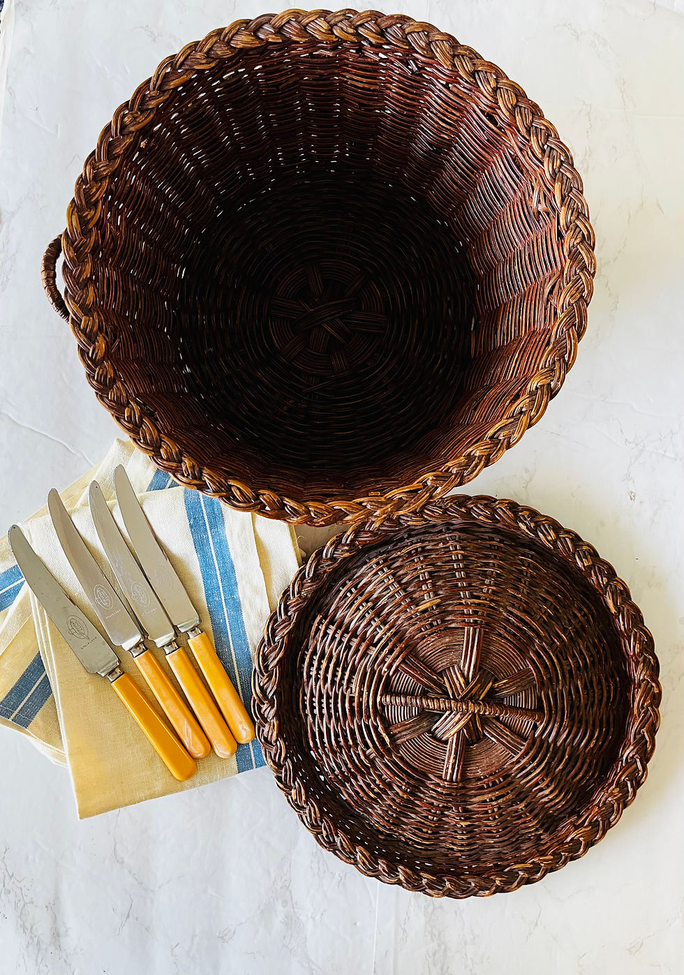 Thumbnail: Vintage Dark Wicker Lidded Storage Basket Large Round Woven Basket Cottage Decor