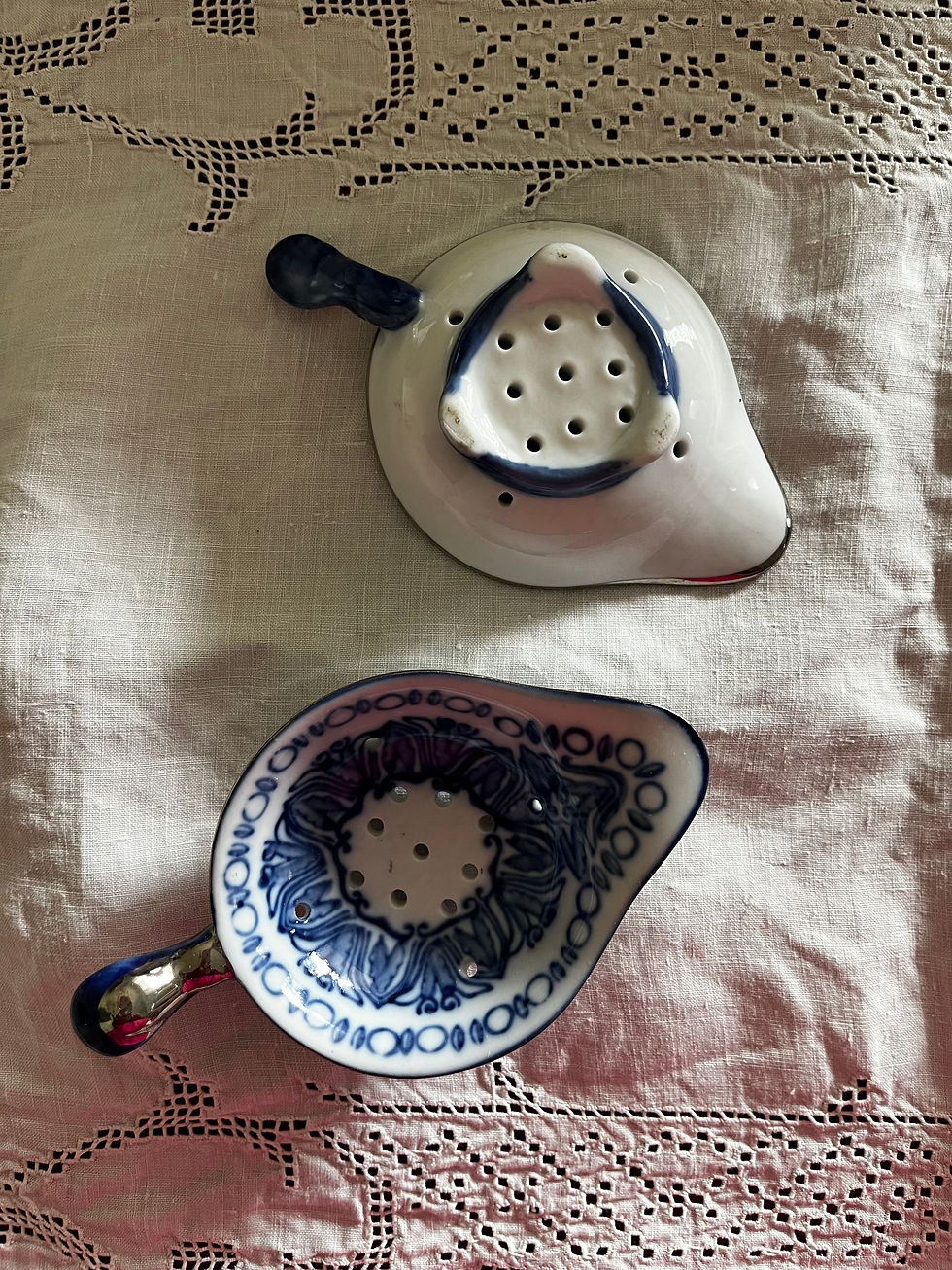Thumbnail: Vintage Bombay Company Tea Strainer Set Cobalt Blue White Porcelain Silver Trim 