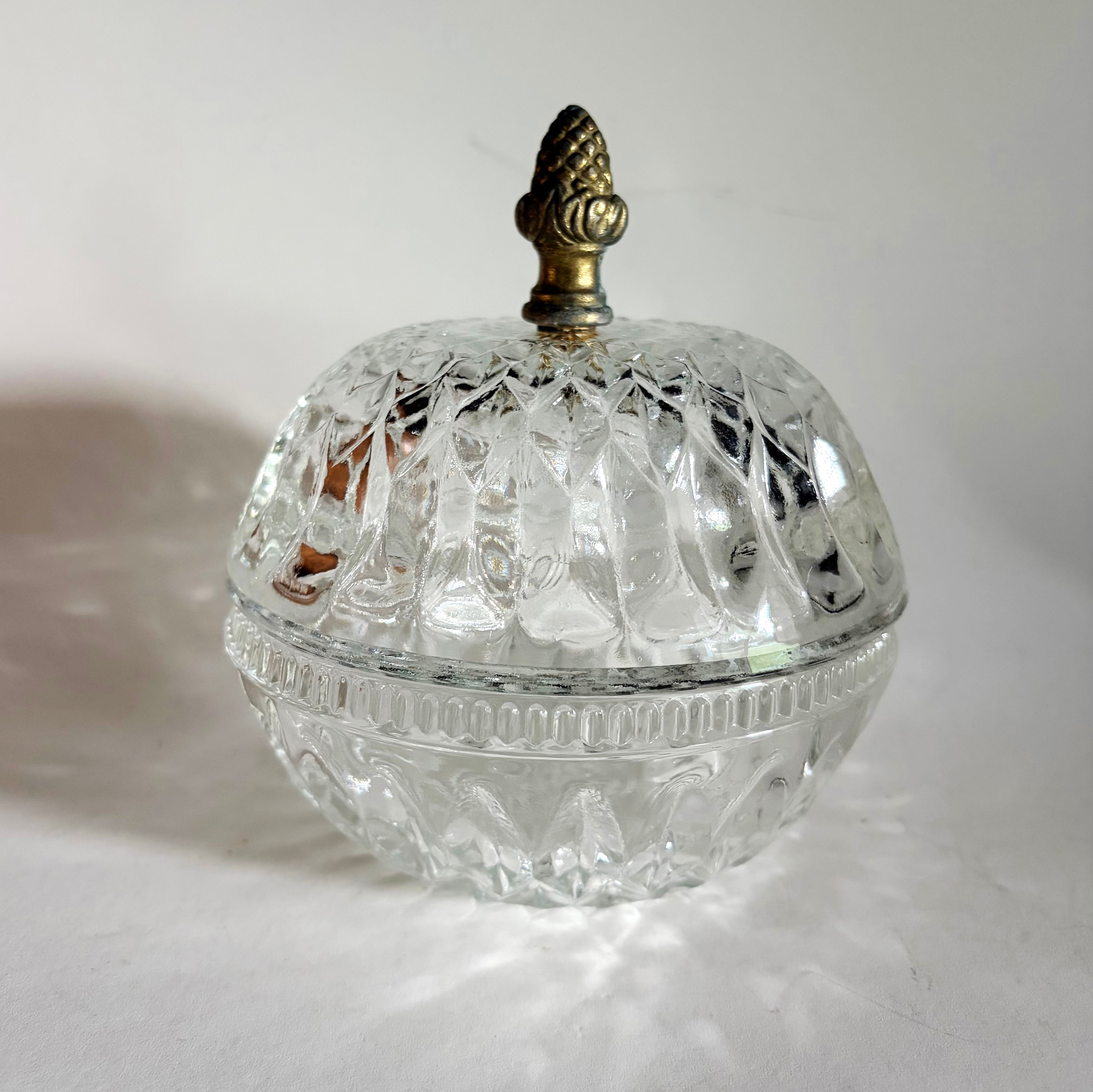 Vintage Indiana Glass Mt. Vernon Clear Covered Candy Dish with Brass Acorn Finia