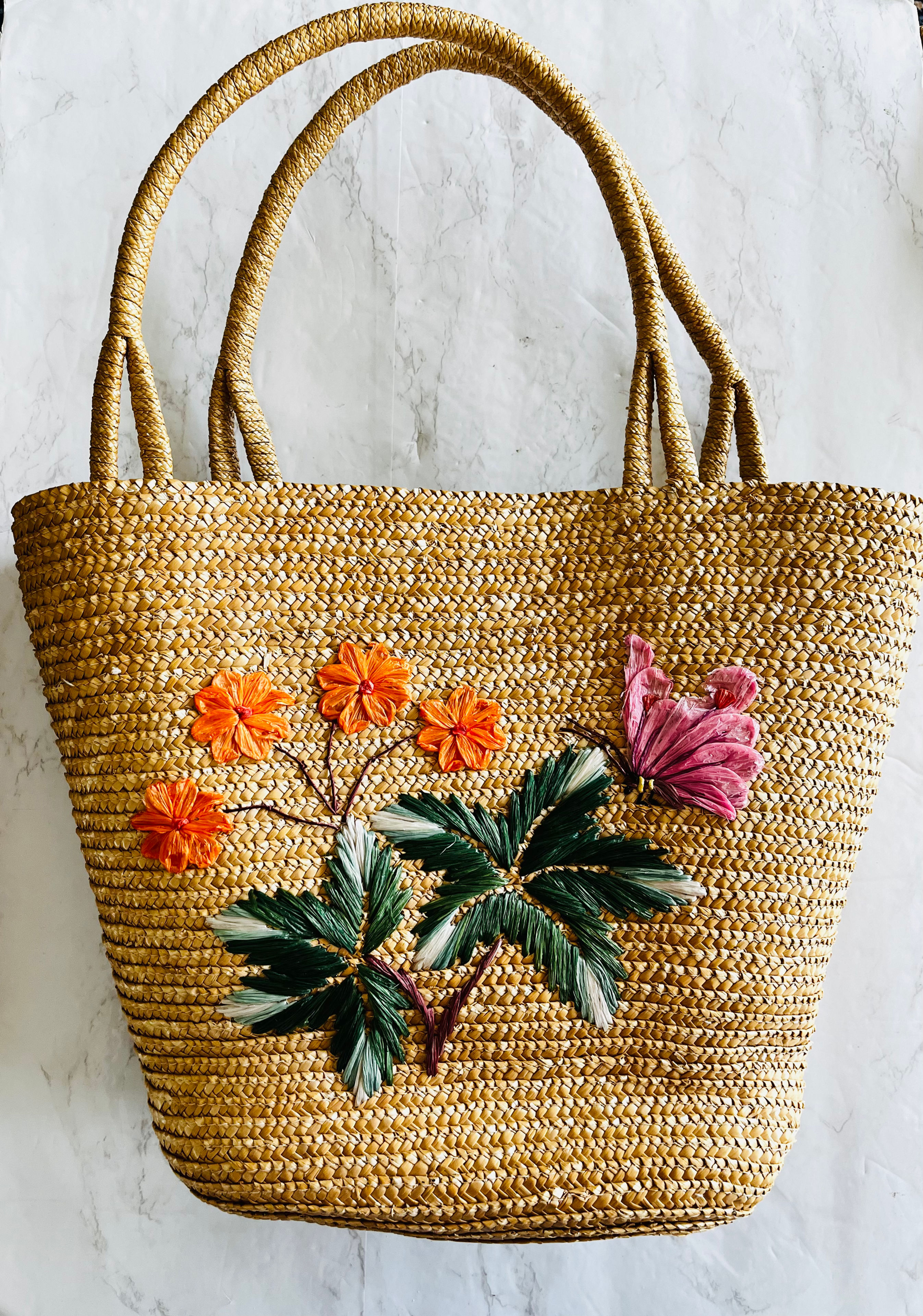 Vintage Raffia Floral Straw Bucket Tote Bag Boho Beach Market Purse 1960-70s