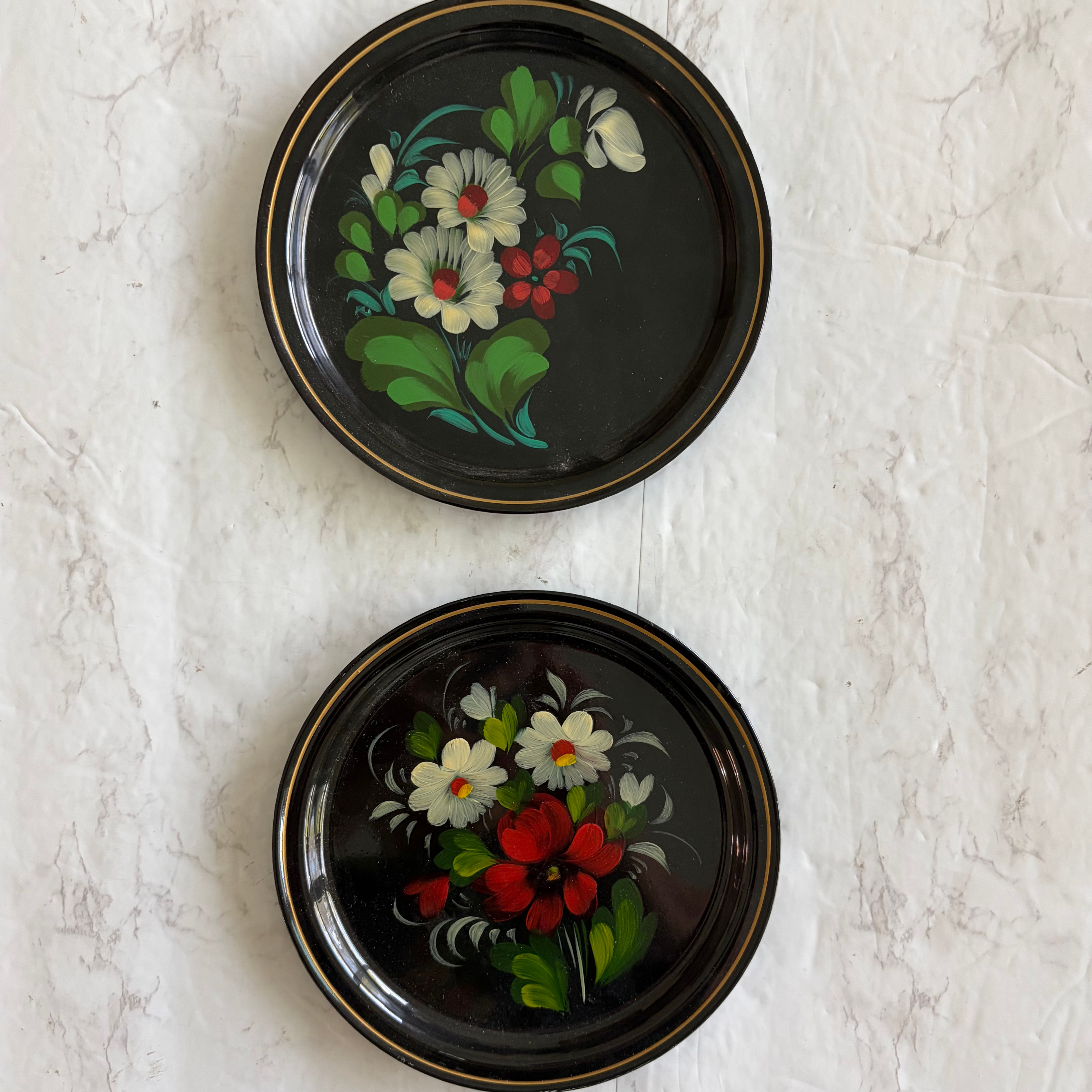 Vintage Russian Folk Art Zhostovo-Style Floral Metal Plates Pair of Hand Painted