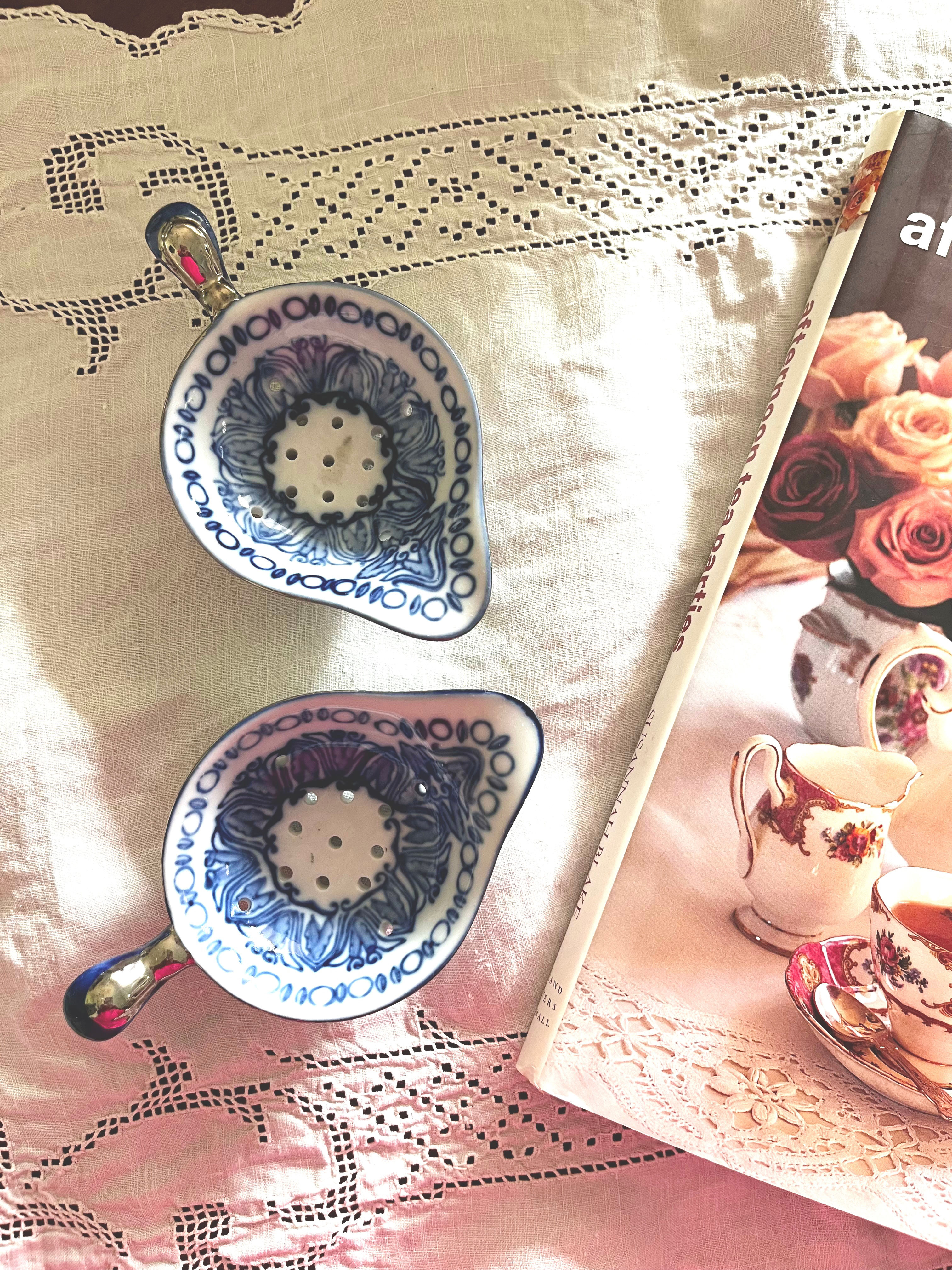 Vintage Bombay Company Tea Strainer Set Cobalt Blue White Porcelain Silver Trim