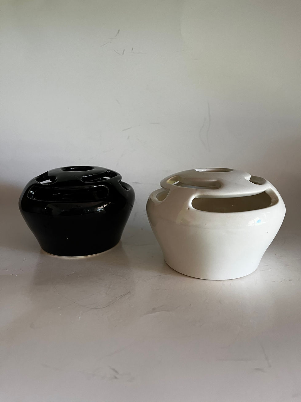 Thumbnail: Vintage Pair Ceramic Floral Frogs – Black & White Glazed Flower Frog Holders 3.2