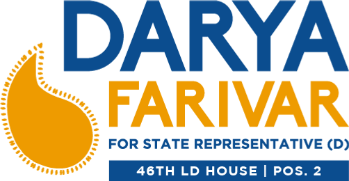 A campaign logo, in navy blue and golden yellow, reading "Darya Farivar for State Representative, Democrat, 46th Legislative District House, Postion 2". A golden paisley pattern appears to the left.
