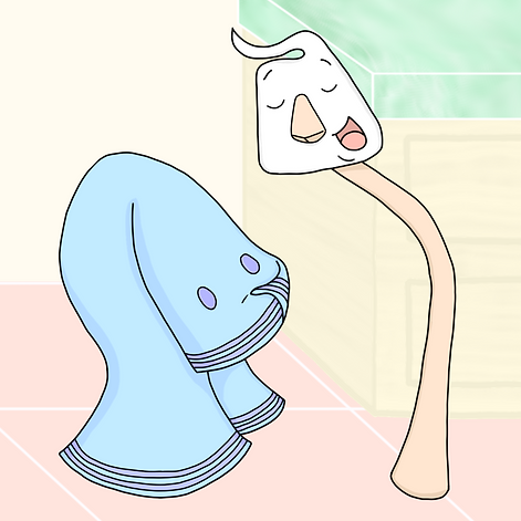 characters from the children's picture book Ornocito written and illustrated by Iyona Sansiove. Enrique, a cartoon spatula is gloating over Maggie, a cartoon dishrag. Maggie looks at Enrique confused because he is sorely mistaken.