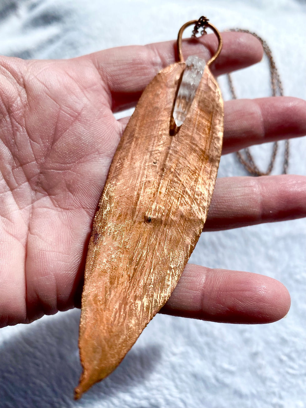 Thumbnail: Copper leaf and quartz crystal pendant with copper chain 