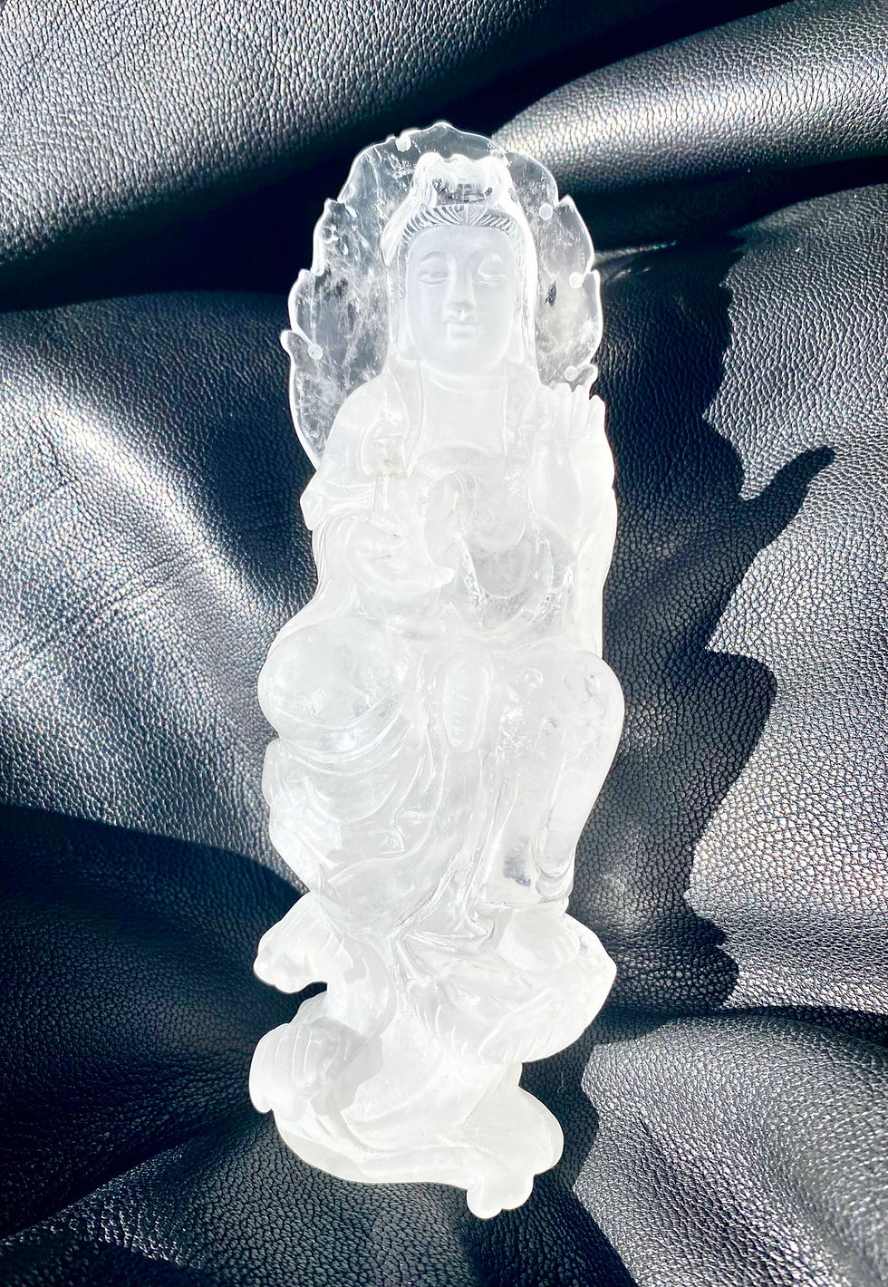 Thumbnail: Hand carved Quartz crystal Kuan Yin statue 