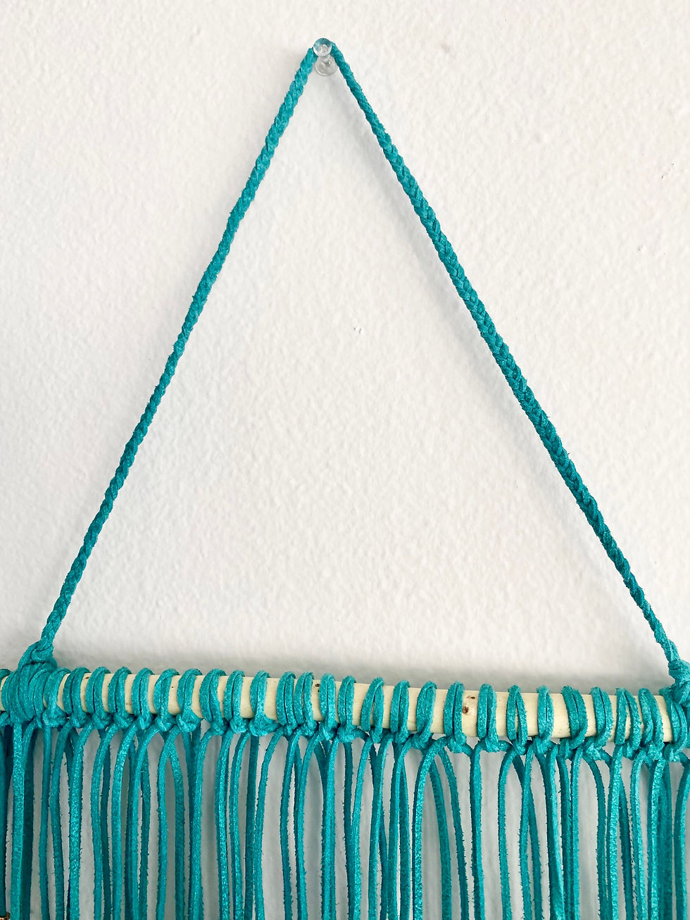 Thumbnail: Leather wall hanging with copper leafs and lemurian quartz