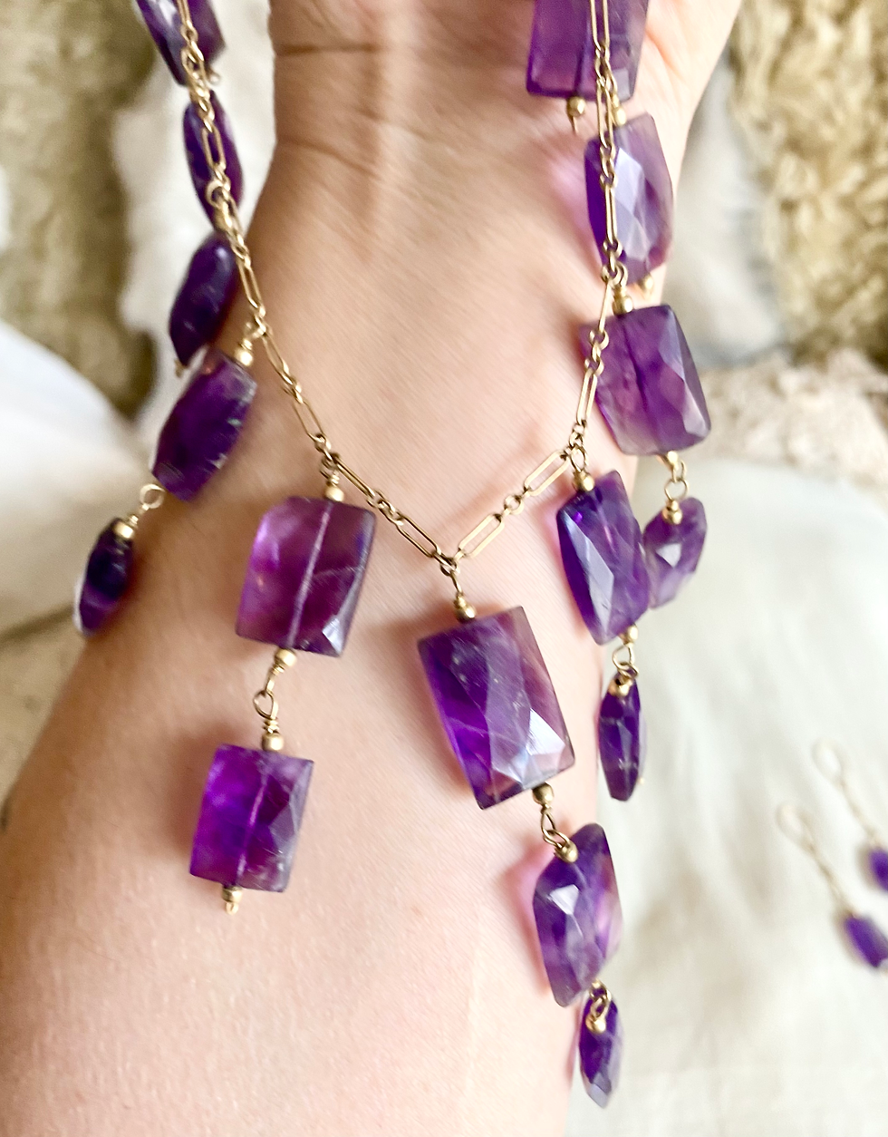Thumbnail: Faceted Amethyst and 14 kt gold necklace and earring set