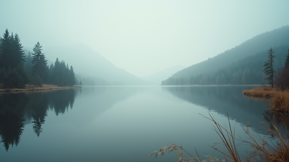 Eye-level view of a serene landscape with a calm lake