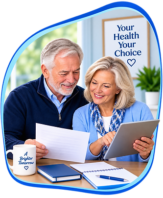 Senior couple reviewing Medicare coverage options together for the upcoming year.