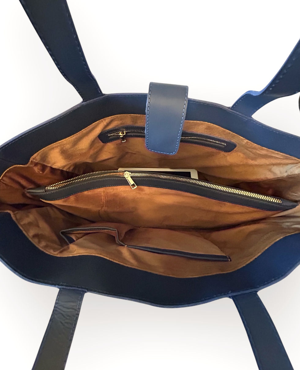 Thumbnail: Cowhide Leather Tote Bag | Navy Blue Tote Bag | Theugi New York
