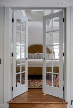 Tiffany Weiss Interior Design, Office and bedroom Remodel, Cool tones, Gray walls, french doors, bedroom
