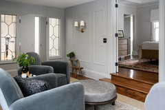 Tiffany Weiss Interior Design, Office Remodel, Cool tones, Gray walls, seating area, millwork, moulding