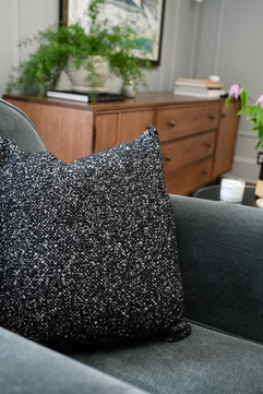 Tiffany Weiss Interior Design, Office Remodel, Cool tones, Gray walls, mohair lounge chair, textured black pillow