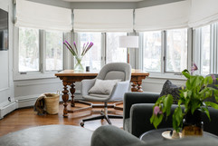 Tiffany Weiss Interior Design, Office Remodel, Cool tones, Gray walls, Vintage Desk, Vintage Chair