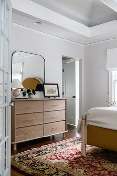 Tiffany Weiss Interior Design, Bedroom Remodel, warm tones, Athena gray walls, custom bed, oak dresser
