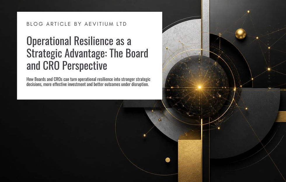 Operational resilience strategy article cover featuring abstract black, grey and gold geometric shapes with interconnected networks, titled “Operational Resilience as a Strategic Advantage: The Board and CRO Perspective,” highlighting strategic decision-making, investment and leadership during disruption.