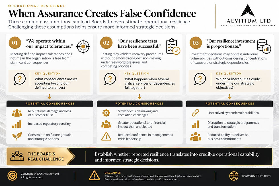 Infographic highlighting three assumptions that can create false confidence in Board operational resilience oversight: meeting impact tolerances, successful resilience testing and proportionate investment. It identifies potential strategic consequences and key questions Boards should consider to assess actual resilience capabilities and support informed decision-making.