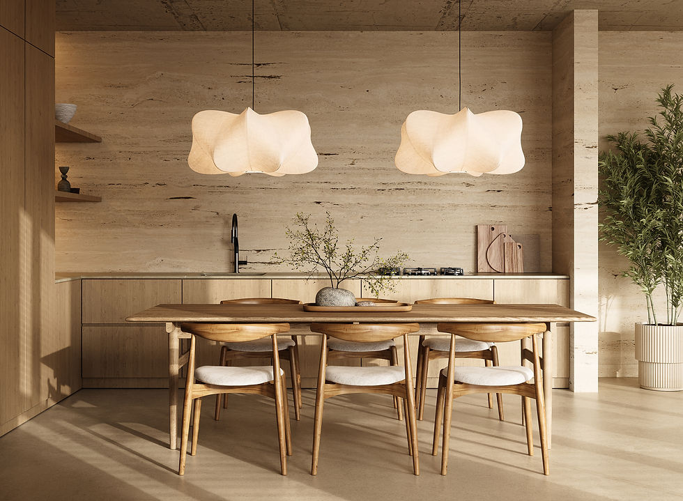 Salle à manger chaleureuse, contemporaine, japendi et scandive. Meubles en bois et suspensions originales en tissus.