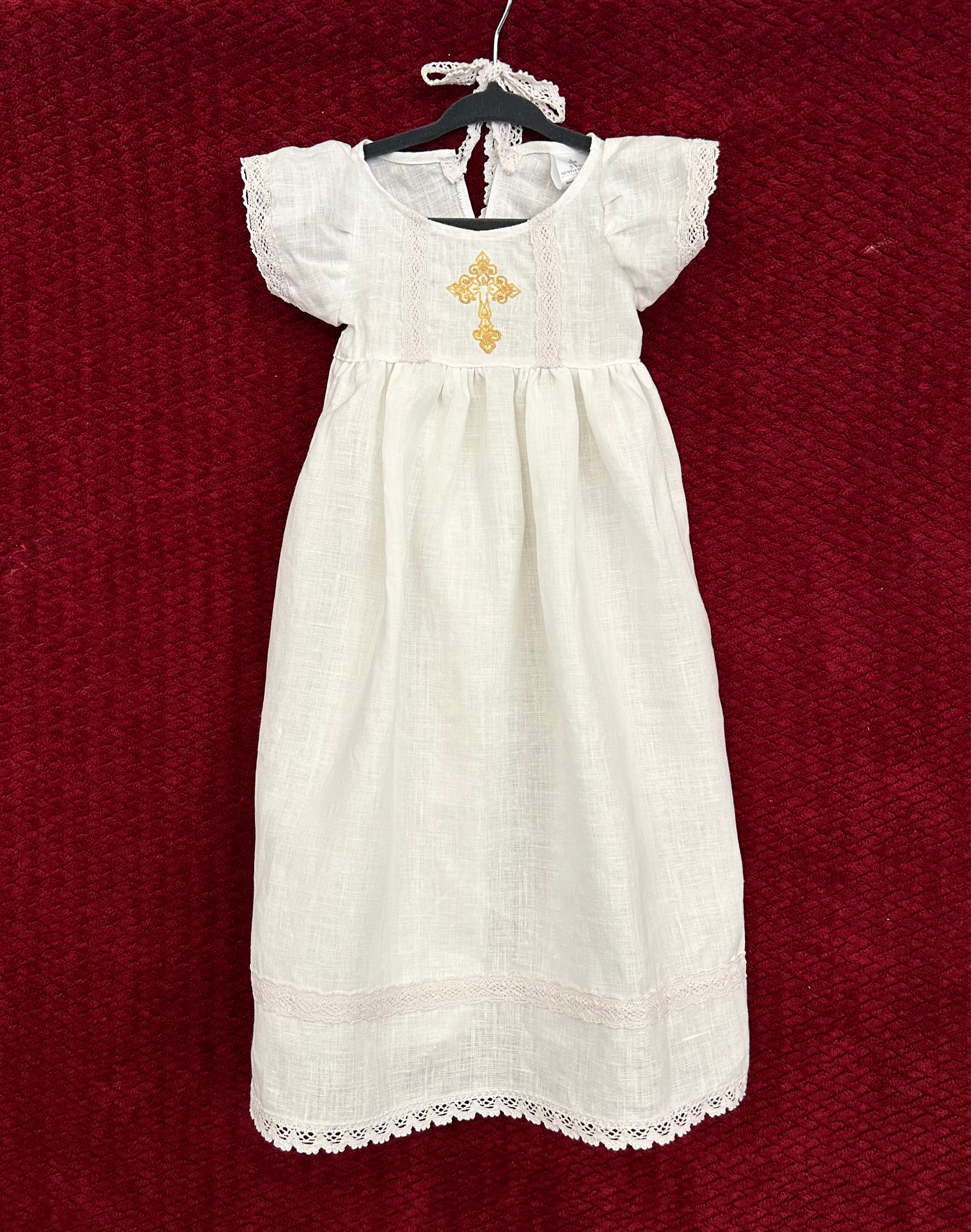 Cross Embroidered Linen Baptismal Gown | Light Gold