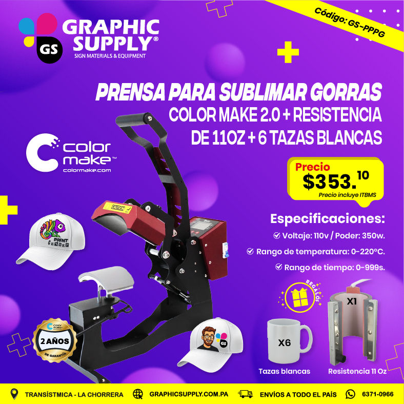 PRENSA PARA SUBLIMAR GORRAS COLOR MAKE 2.0 +RESISTENCIA DE 11oz + 6 TAZAS BLANCA