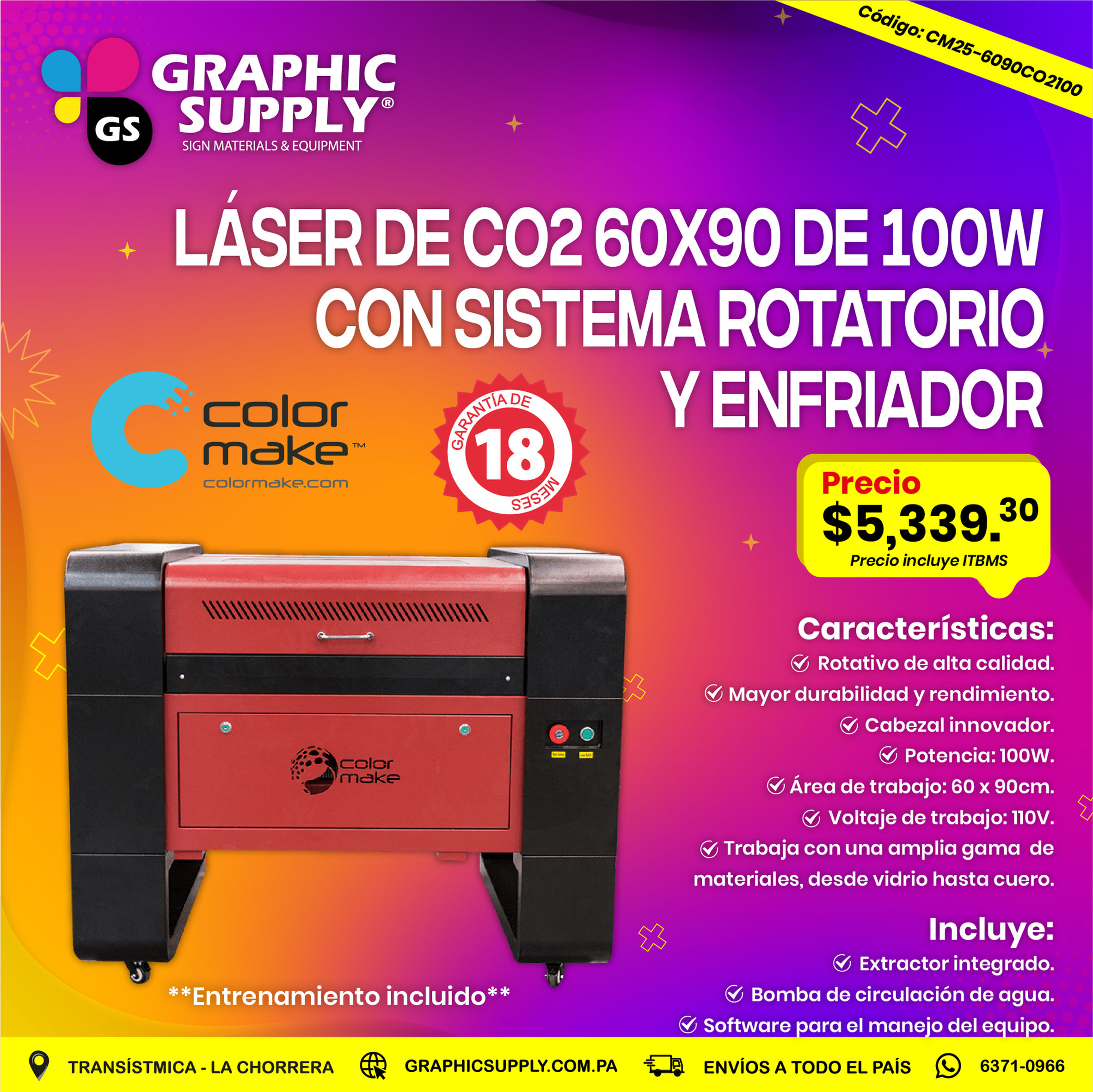 LASER CO2 60X90 DE 100W CON SISTEMA ROTATORIO Y ENFRIADOR COLOR MAKE