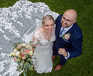 Overhead drone photo of bride and groom.