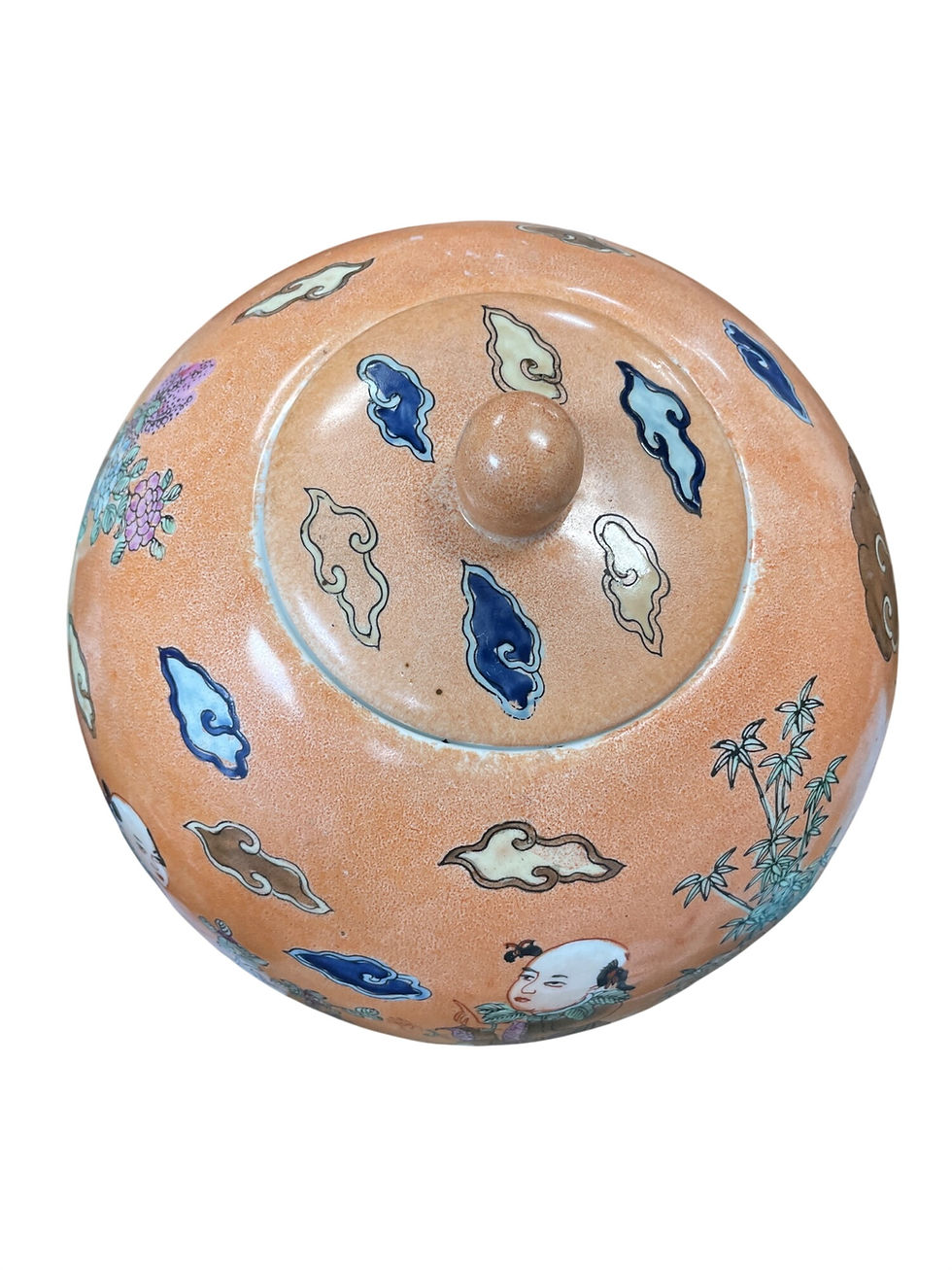 Thumbnail: Vintage Chinese Large Peach Porcelin lidded boys play Macau Chinoserie SKU 9736