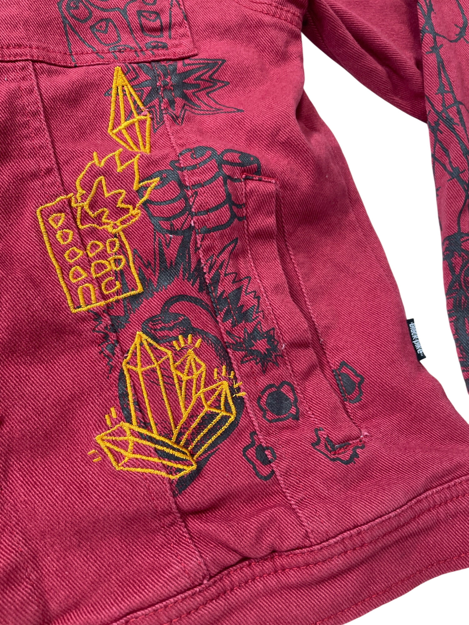 Black Pike Womens Red Denim embroided graphic jacket size M SKU 9178