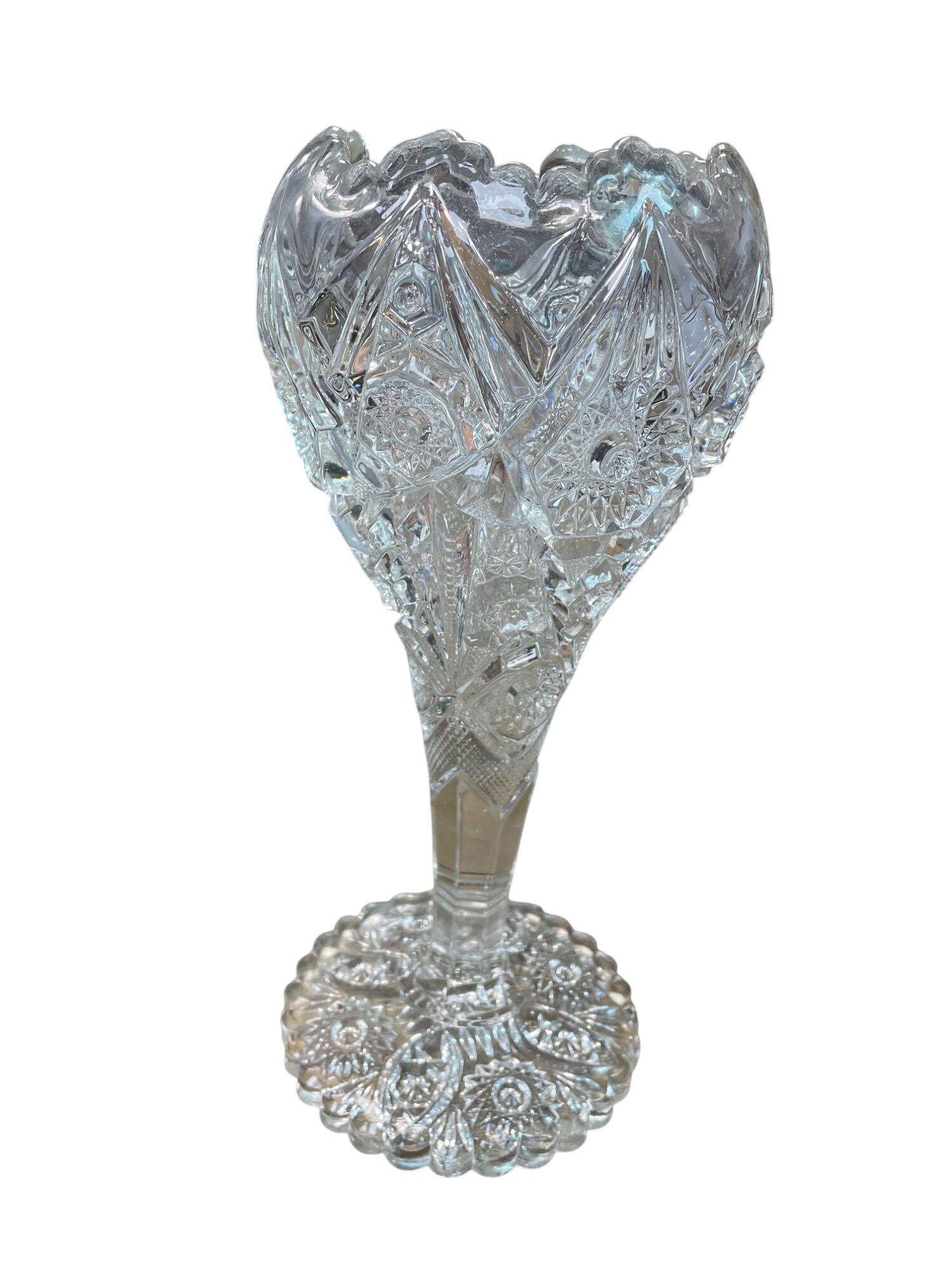 Antique 1900's Early American Pattern Glass Pedestrian floral Vase SKU 9342