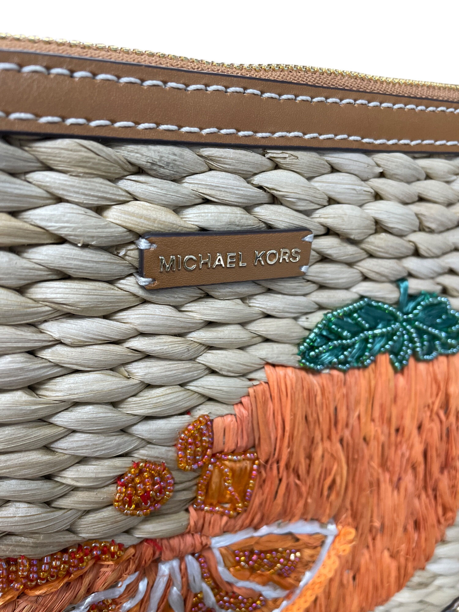 Michael Kors Womens Straw Leather Embroidered Citrus Limited Wristlet SKU 9223
