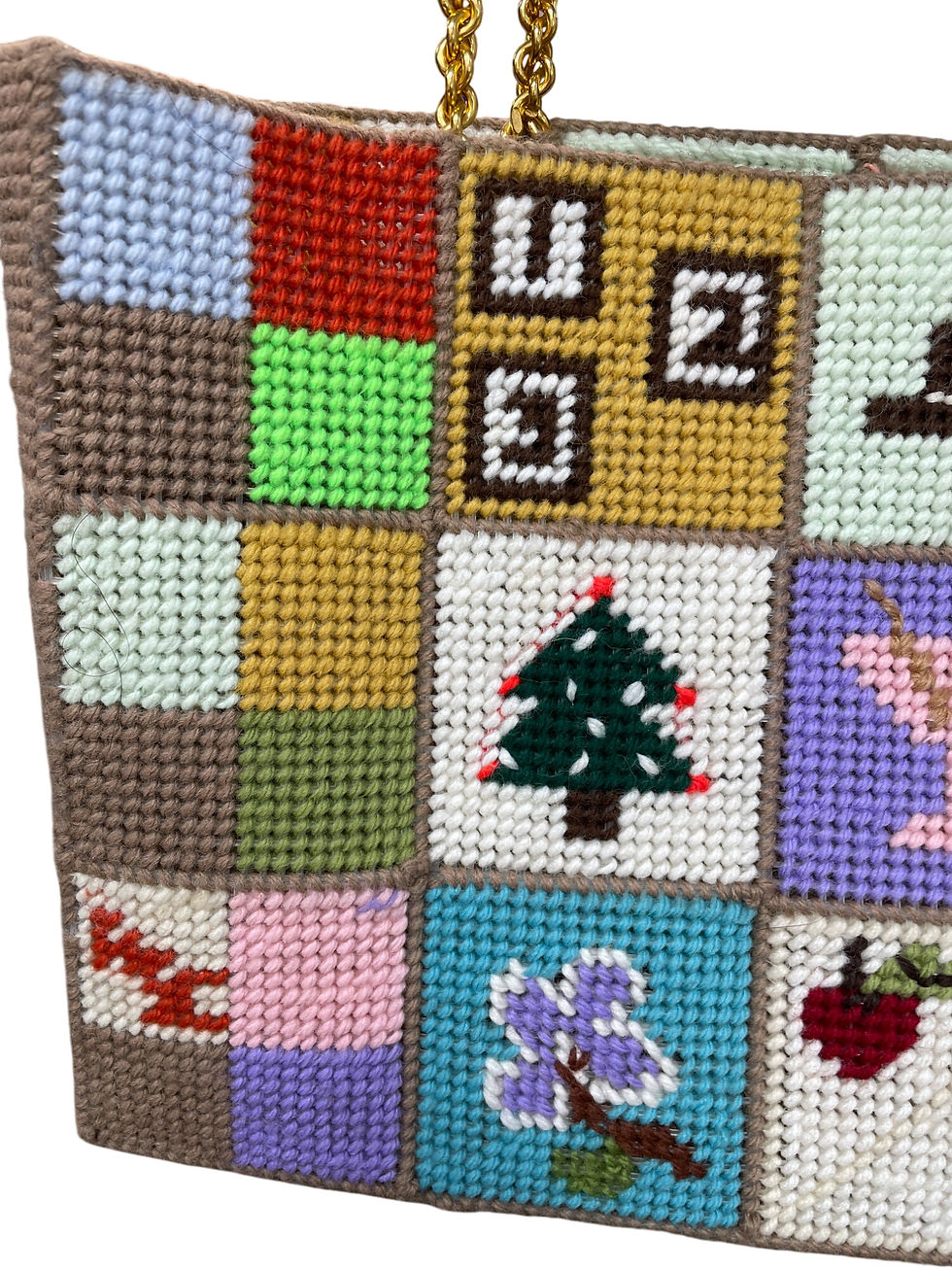 Handmade Vintage Needlepoint Patchwork Double gold chain handles Tote Bag SKU 94