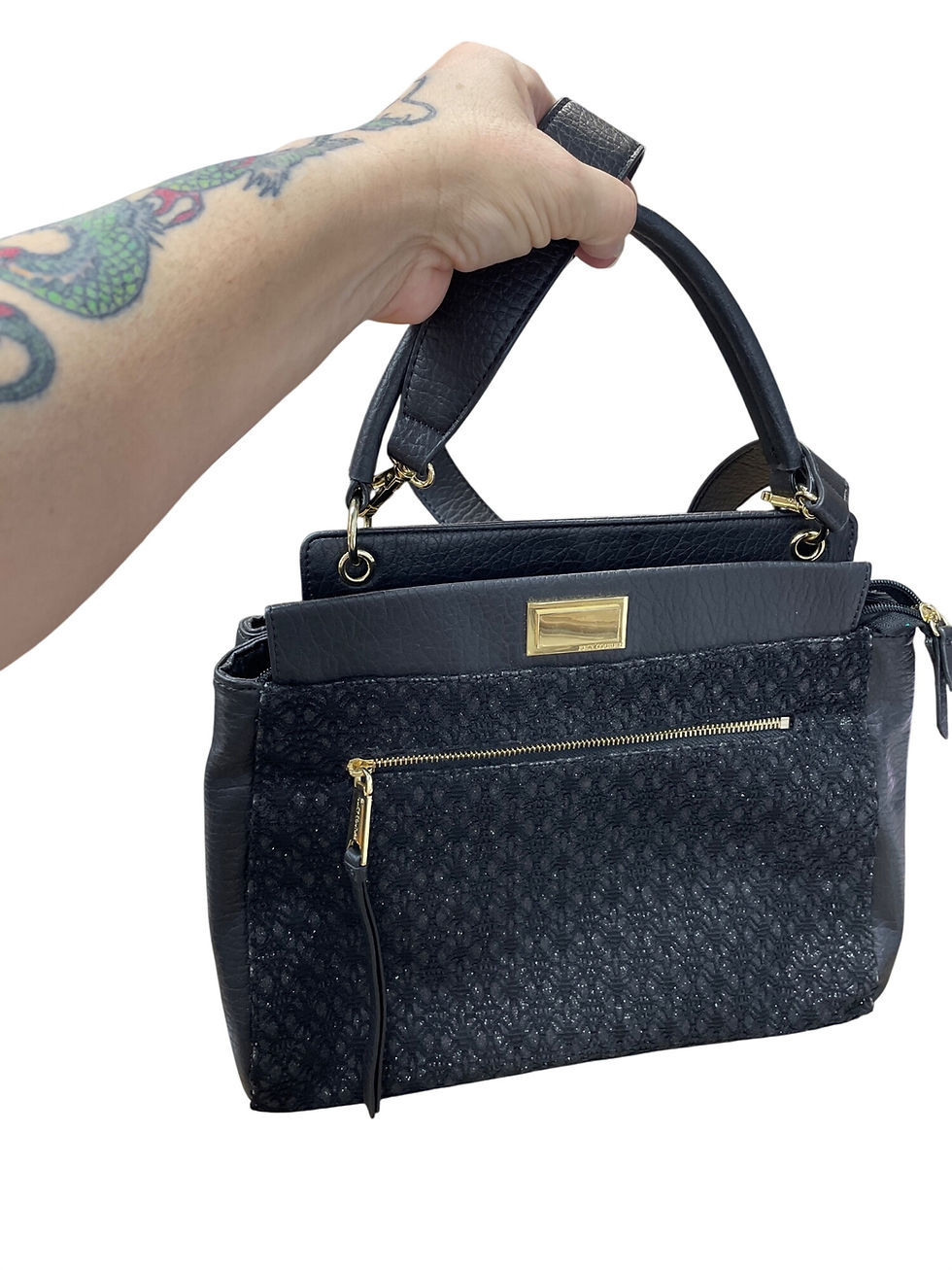 Thumbnail: Juicy Couture Wms Black Gold Pebbled faux leather Shoulder Handbag SKU 9729