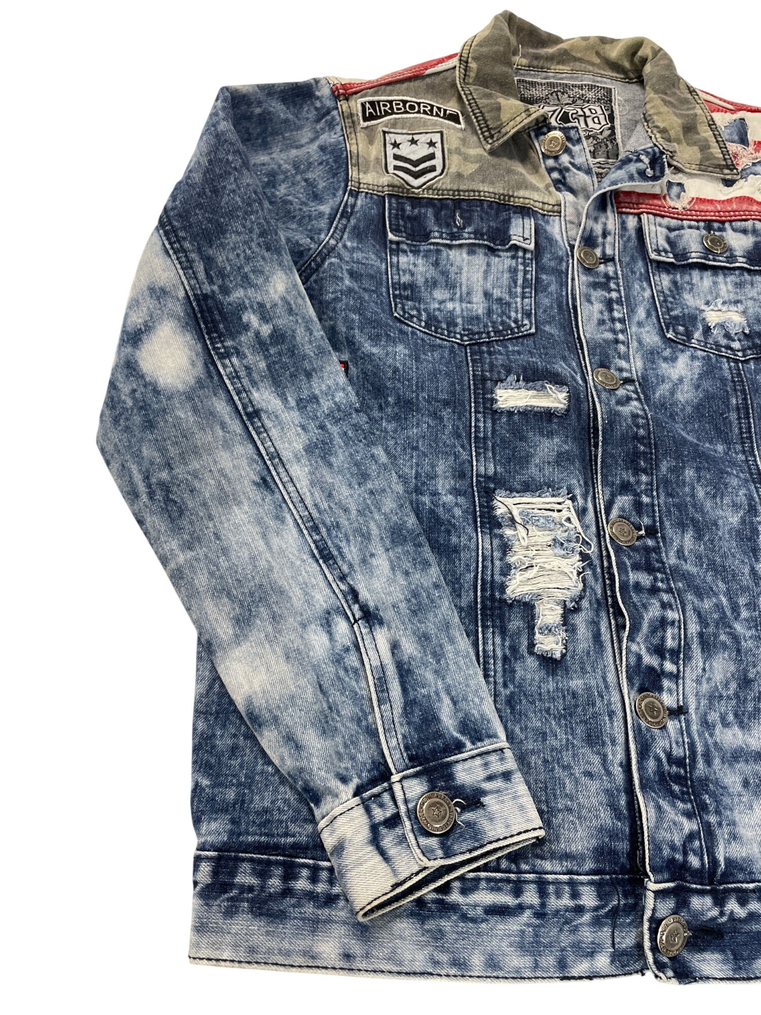 1738 Mens Blue patriotic military adorned service denim jacket Sz M SKU 9677