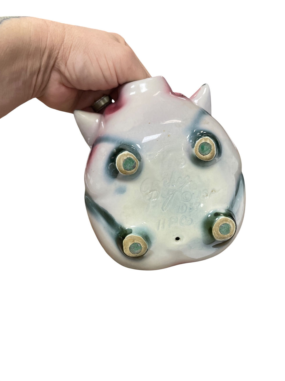 Thumbnail: Hull USA Porky Pig pink green ceramic piggy bank Figurine pottery SKU 9732