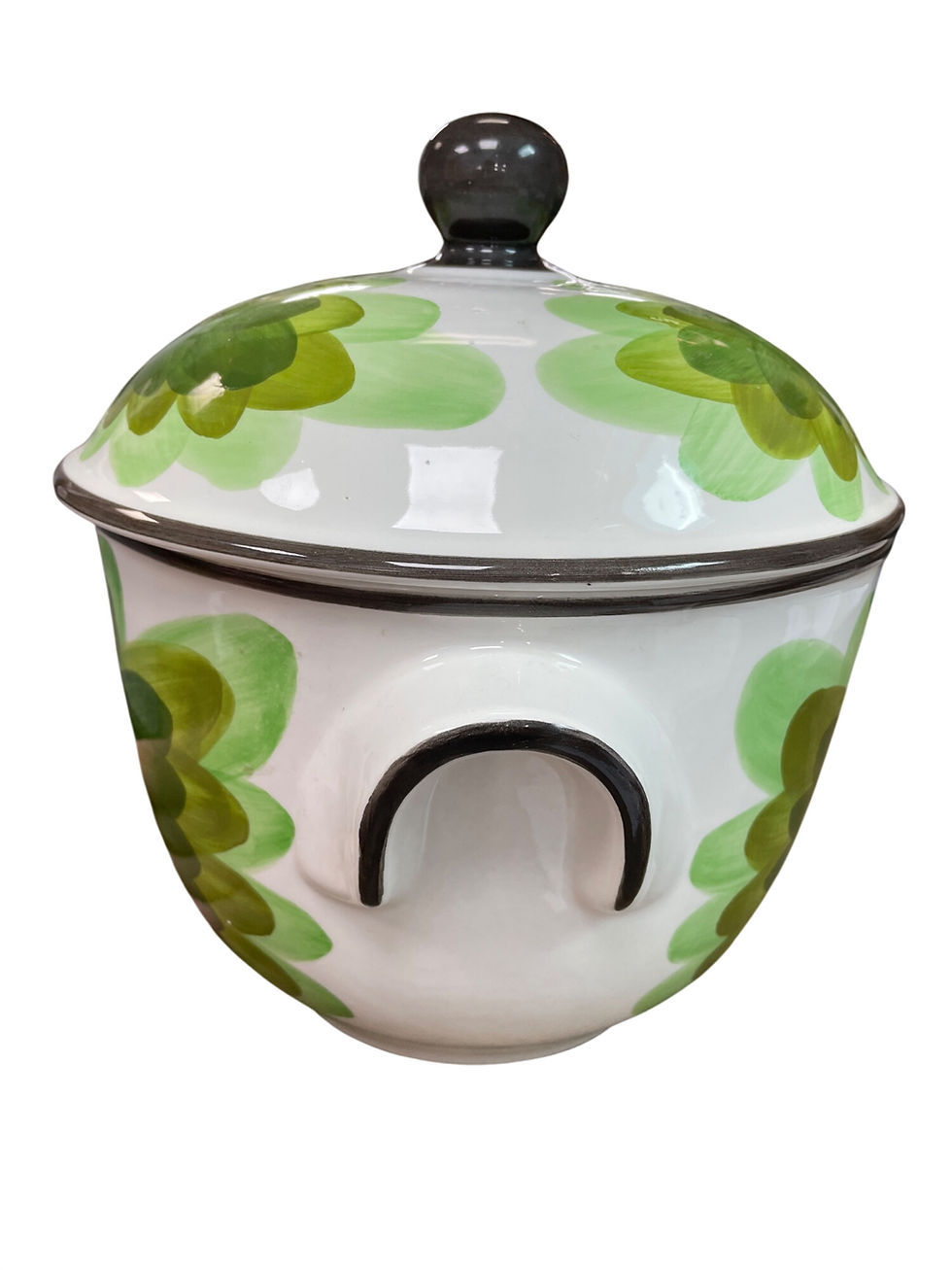 Thumbnail: Portugal Hand painted Vintage Green white floral motif lided bowl SKU 9667