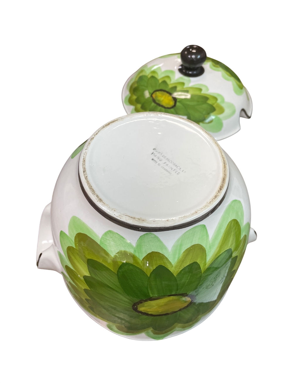 Thumbnail: Portugal Hand painted Vintage Green white floral motif lided bowl SKU 9667