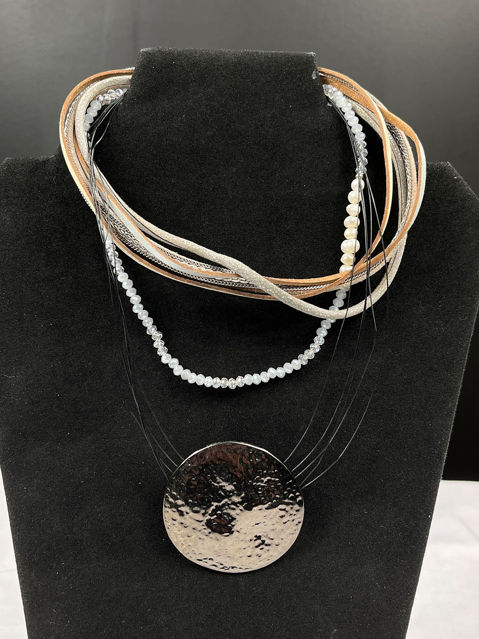 Thumbnail: Multi Strand Necklace SKU 7857 With Large Hammered Silver Disc Pendant