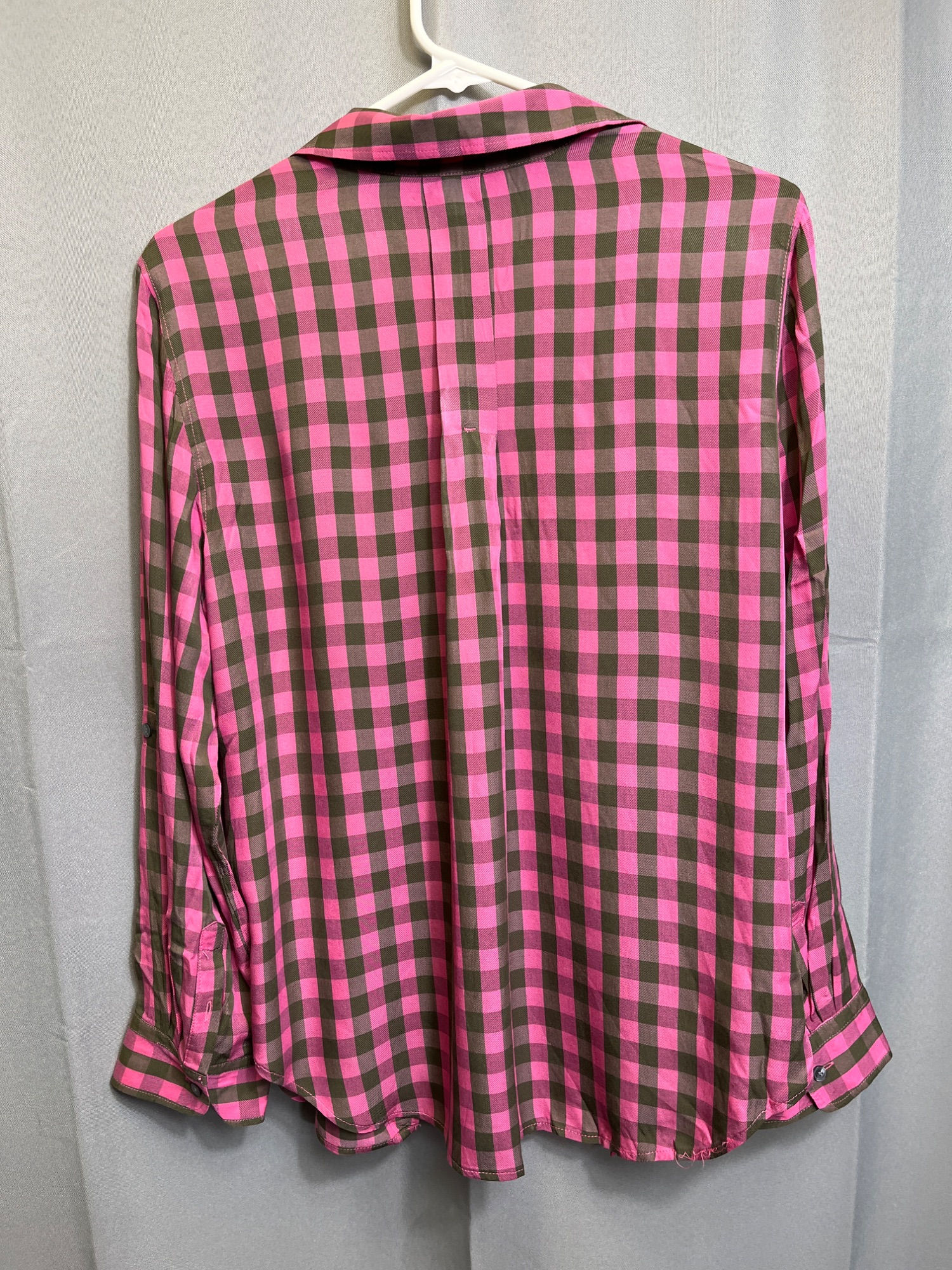 Talbots SKU 7694 Womens Pink and Brown Checkered Button Up Blouse Size L