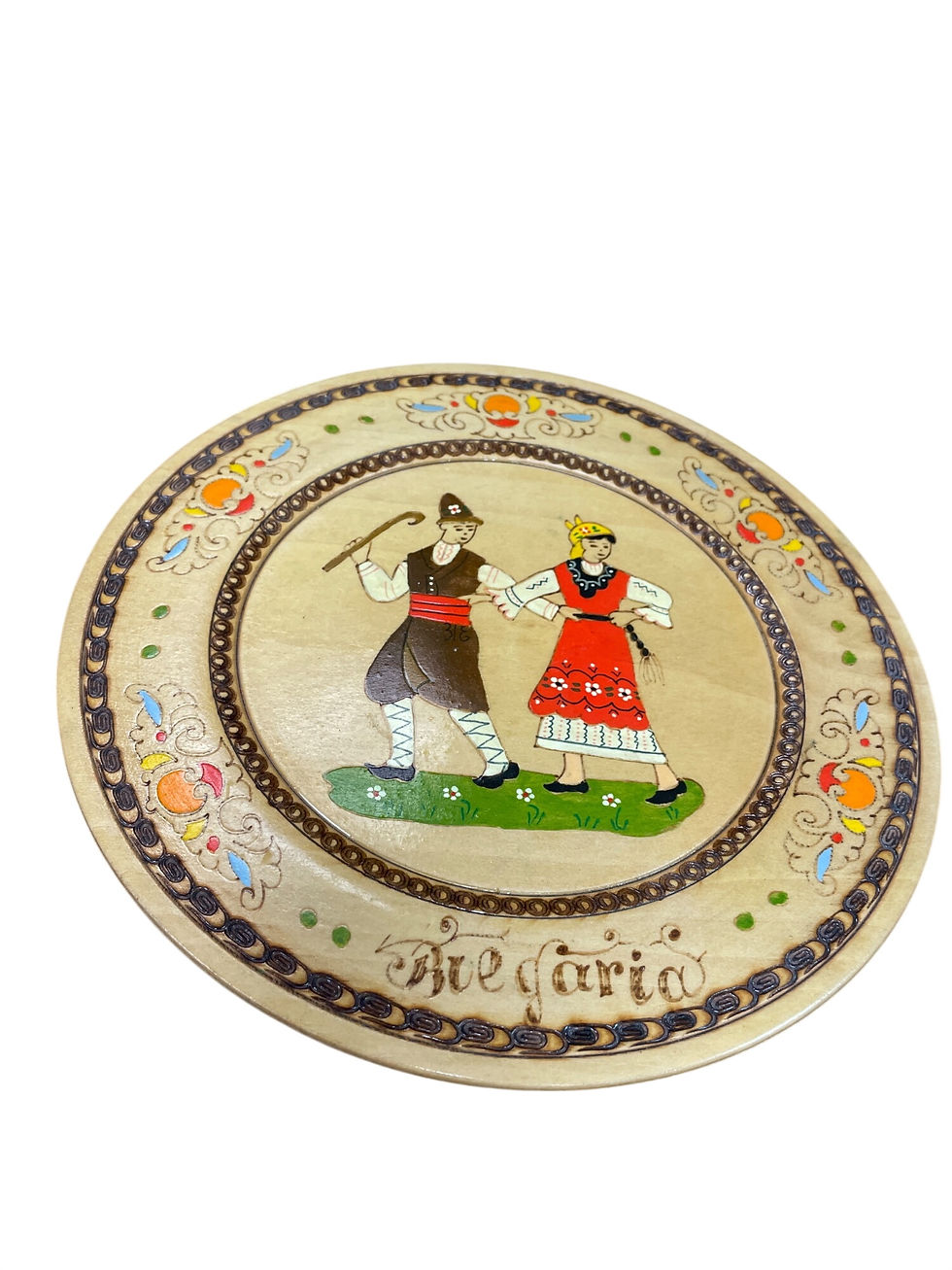 Thumbnail: Bulgarian VTG Handmade painted folk traditional dance Wood plate 8.5" SKU 9704