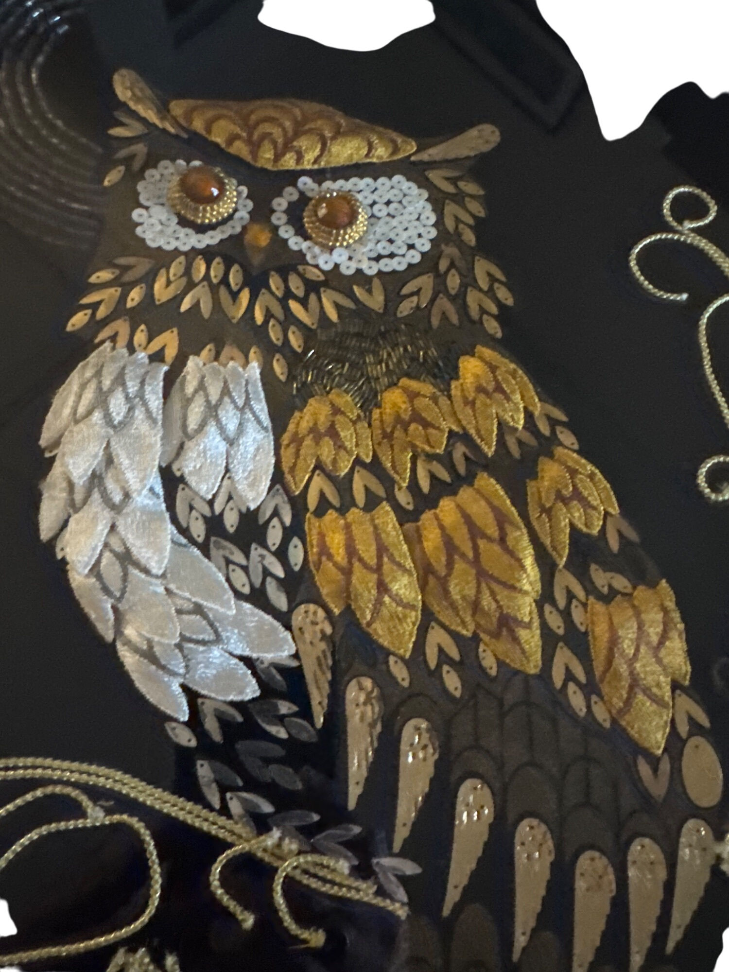 Vintage Owl Sequin & Embroidery Art Wall Hanging In Wooden Frame SKU 7131