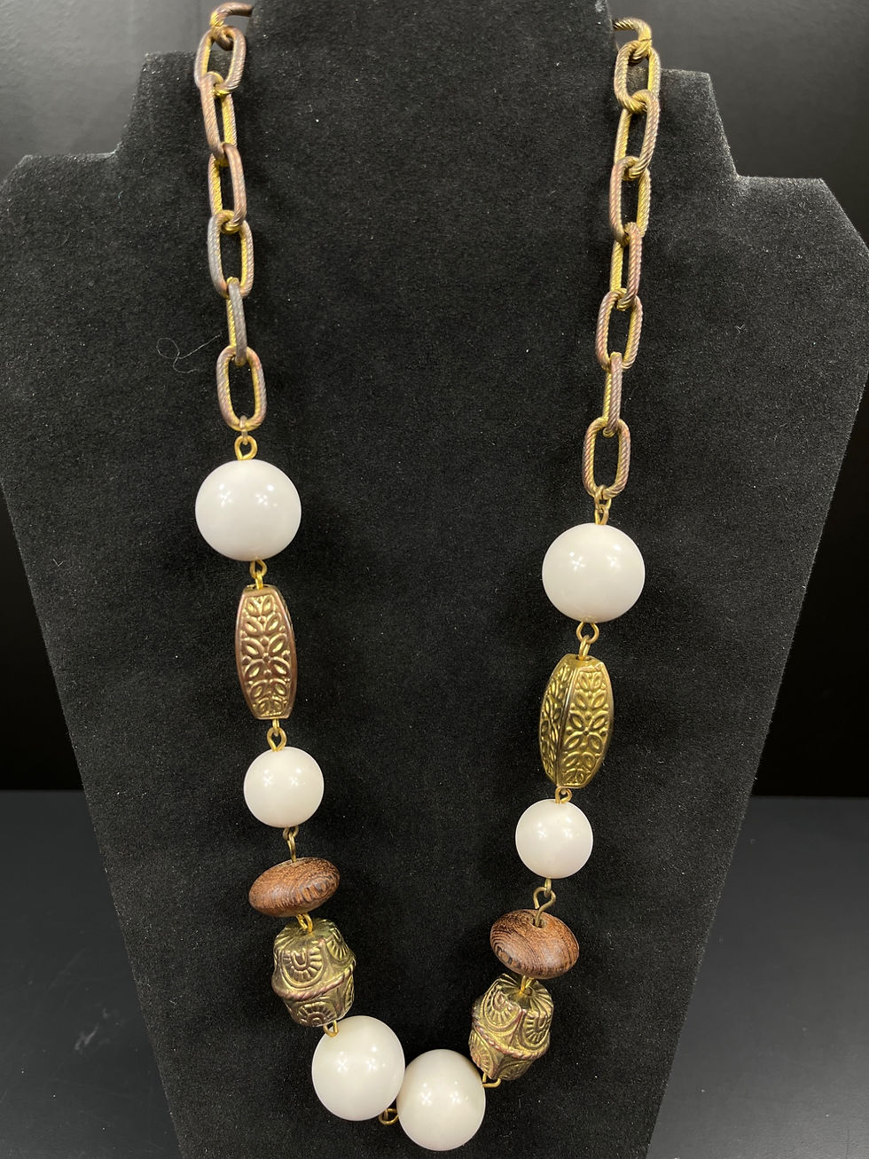 Thumbnail: Vintage SKU 7879 Inspired White Bead and Brass Necklace With Ornate Detailing