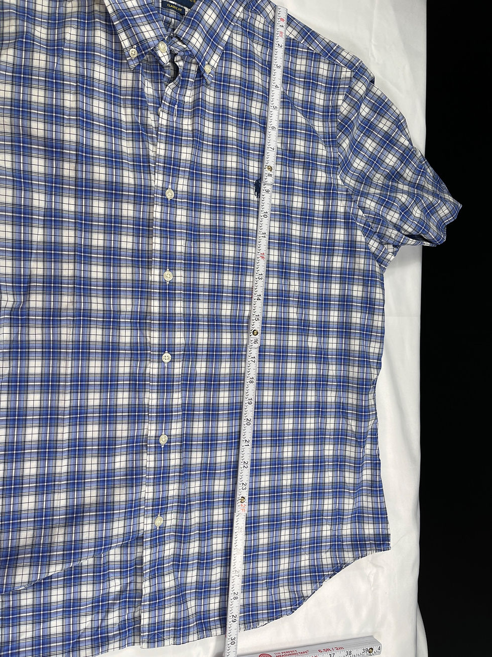 Thumbnail: Ralph Lauren SKU 7578 Mens Blue & White Plaid Short Sleeve Button Size XL