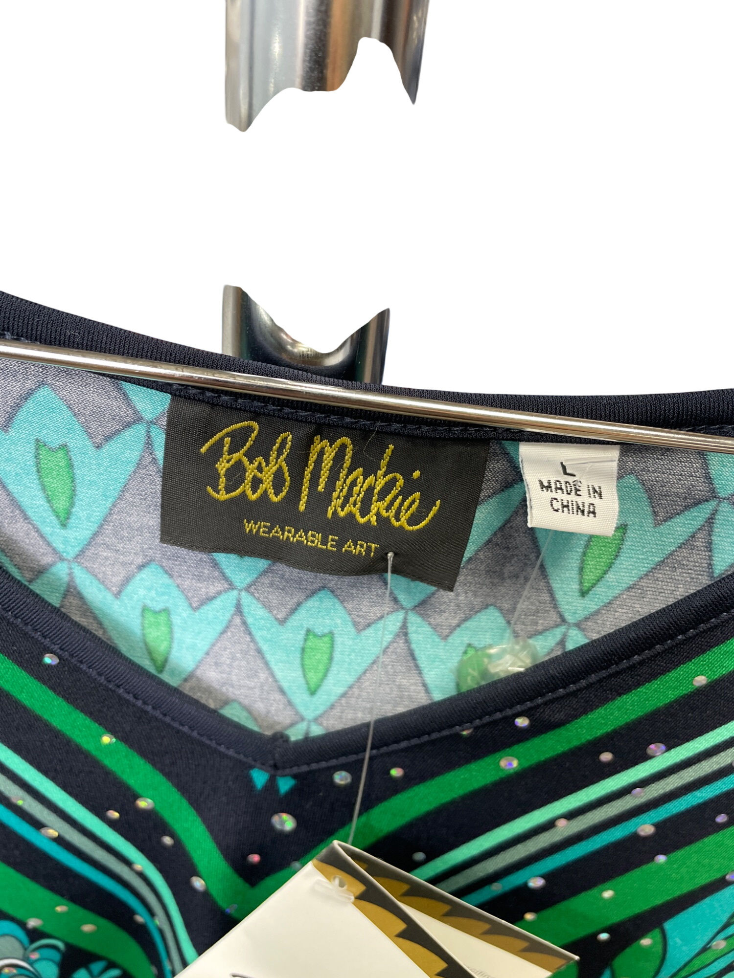 Bob Mackie Wearable Art Womens Green & Black Floral Blouse Size L