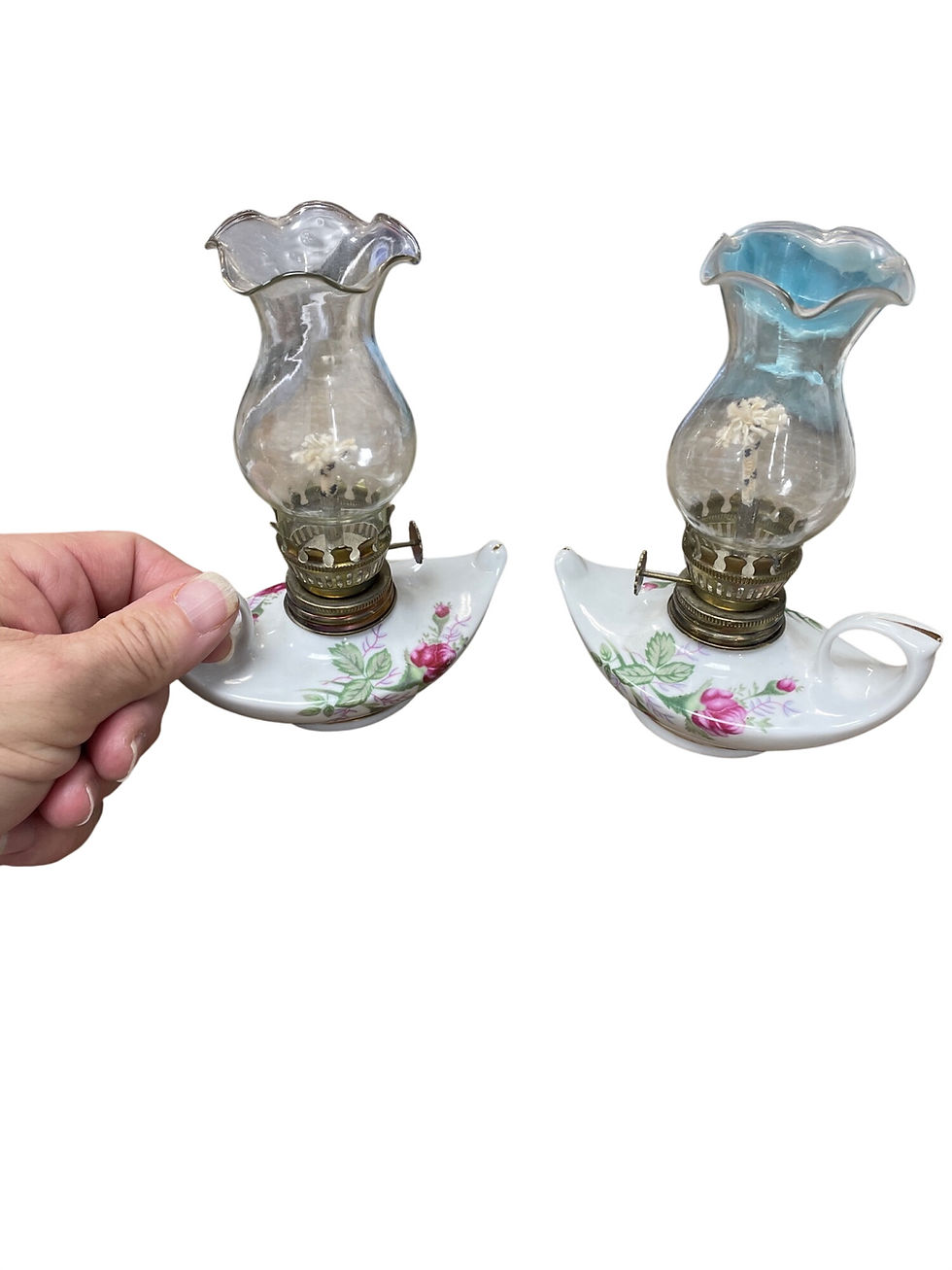 Thumbnail: Victorian Edwardian pair ceramic brass Floral finger oil boudoir lamps SKU 9735
